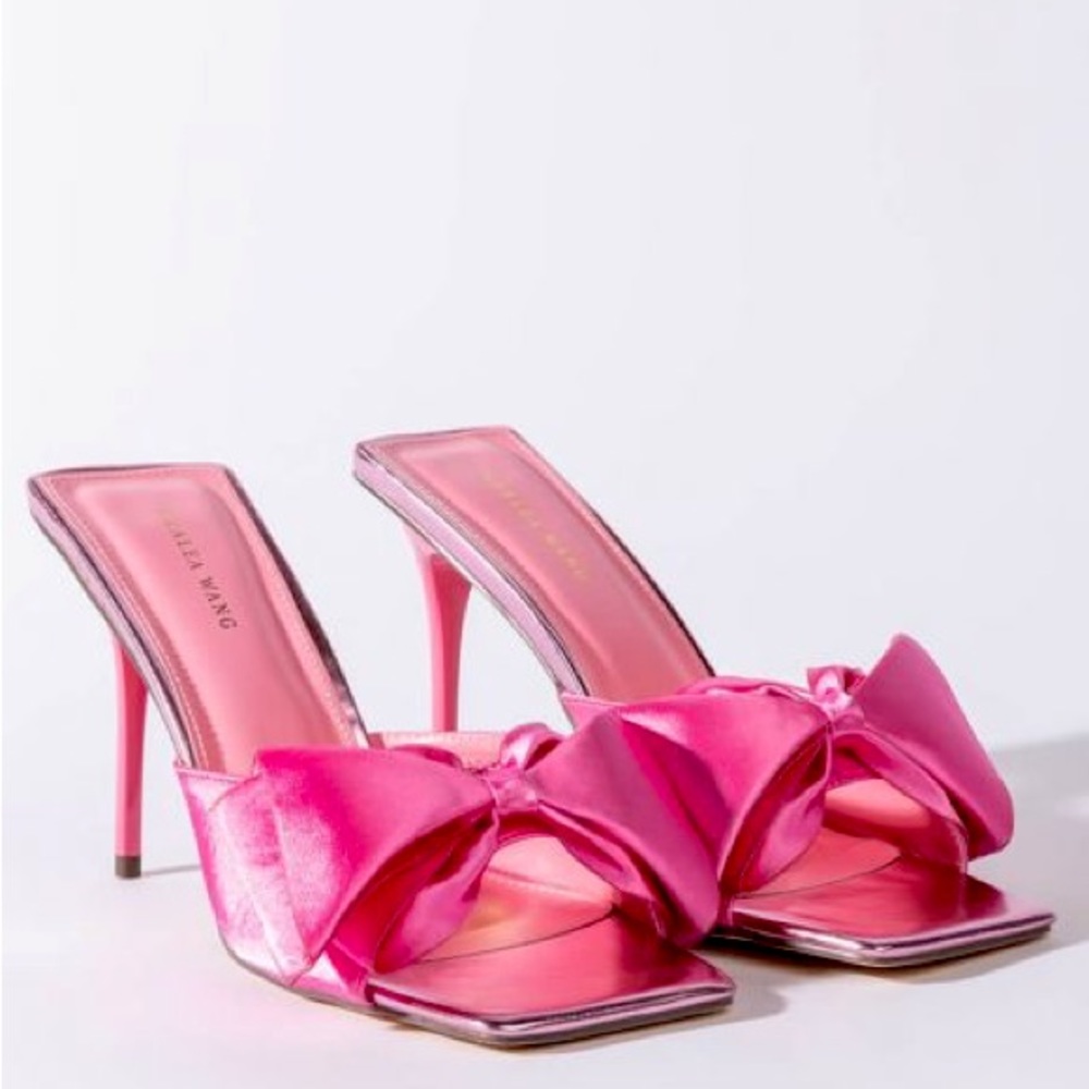 Azalea Wang Pretty in Pink Satin Bow Stiletto High Heel Mule Sandals